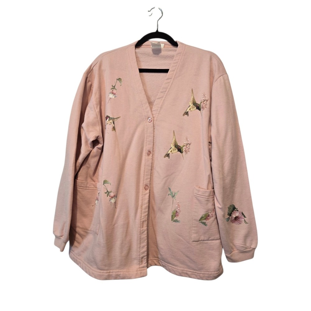 Vintage Floral Hummingbird Sweatershirt Cardigan Womens L Pink USA Grandmacore